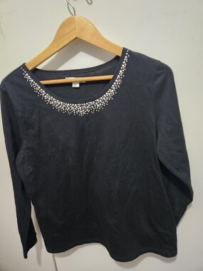 Passport Black Long Sleeve Scoop Neck Top with Silver Jewel Accent